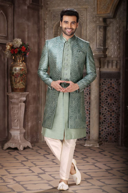 Art Silk Olive Color Readymade Designer Men Indo Western