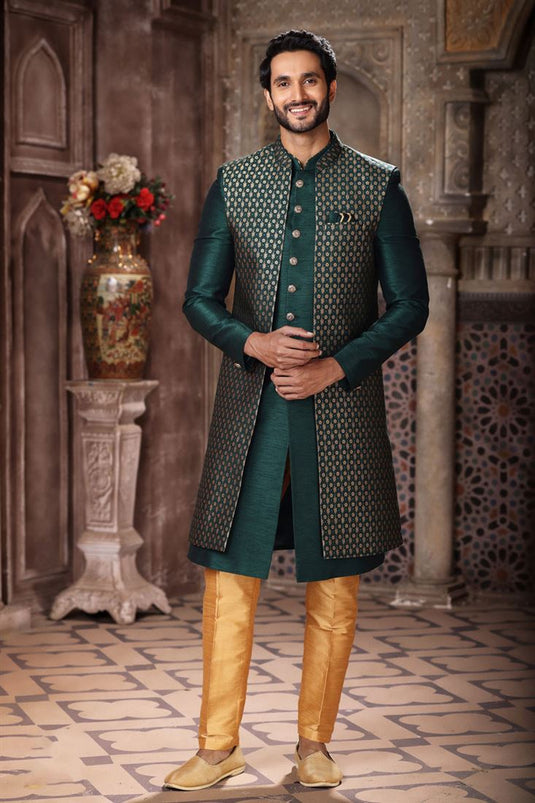 Teal Readymade Glamorous Indo Western For Men In Jacquard Art Silk Fabric