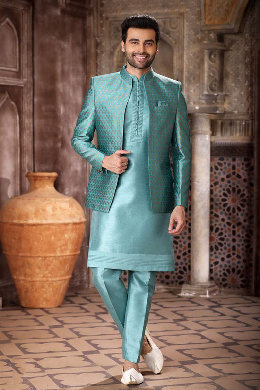 Cyan Jacquard Art Silk Fabric Graceful Readymade Men Indo Western For Wedding Wear