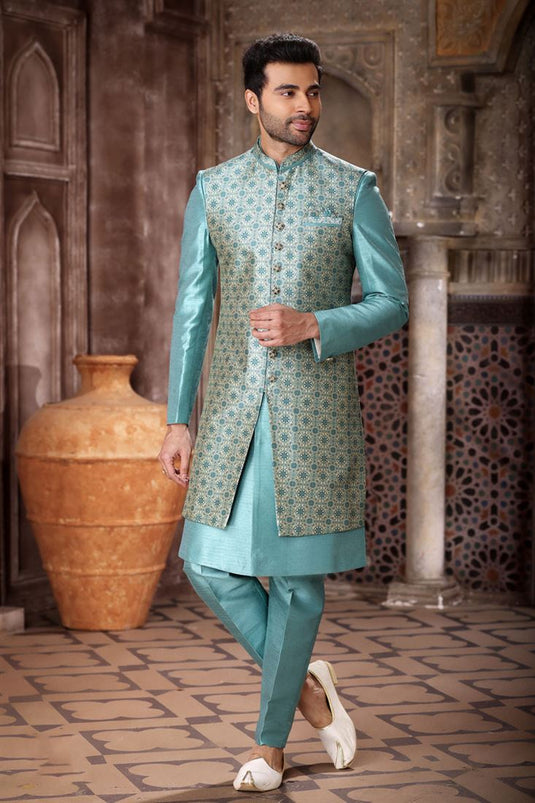 Cyan Color Art Silk Fabric Designer Readymade Indo Western For Men