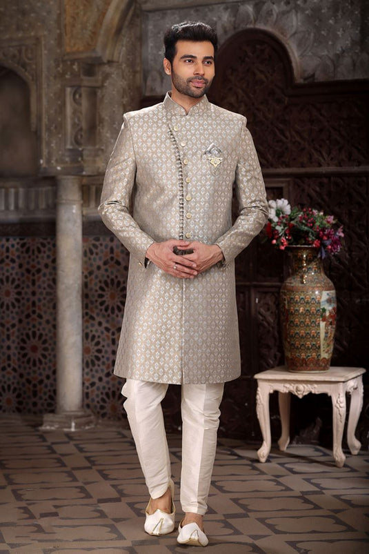 Dark Beige Jacquard Fabric Graceful Readymade Men Indo Western