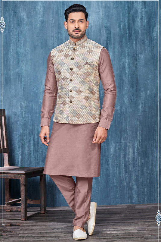 Beautiful Embroidery Work Coffee Color Wedding Wear Readymade Kurta Pyjama For Men With Jacket