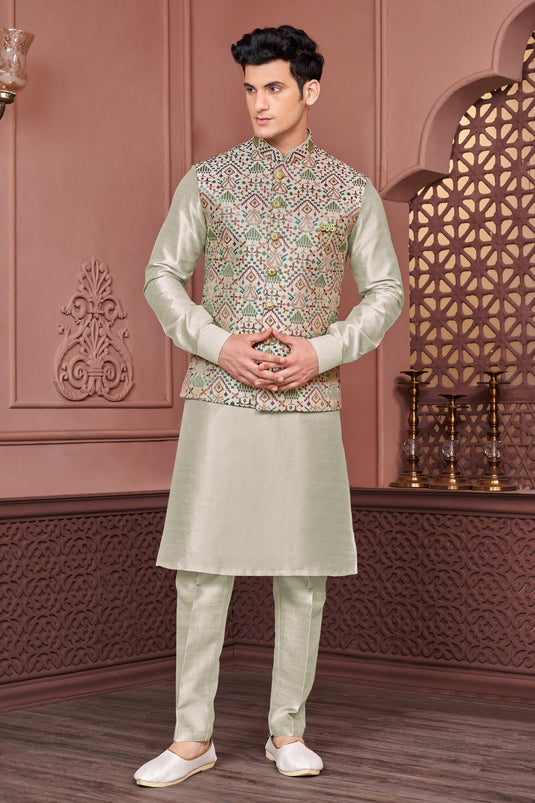 Reception Wear Attractive Embroidery Work Readymade Men Kurta Pyjama With Jacket