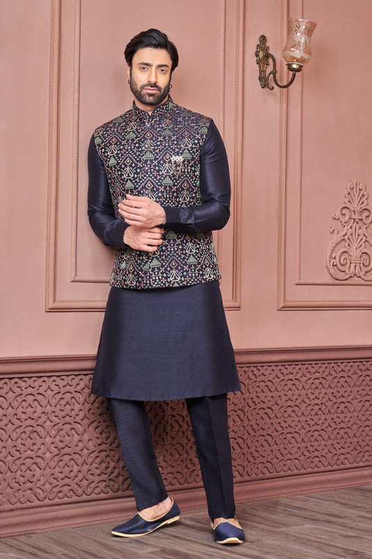 Function Wear Readymade Glamorous Embroidery Work Kurta Pyjama For Men With Jacket