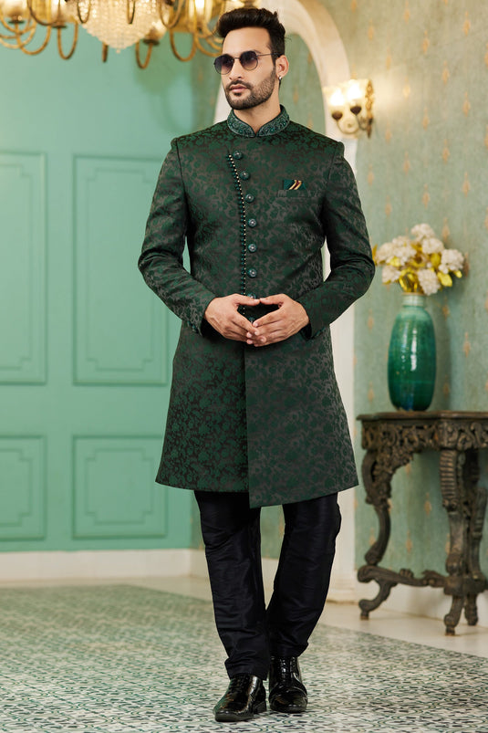 Sangeet Wear Dark Green Jacquard Silk Readymade Lovely Indo Western For Men