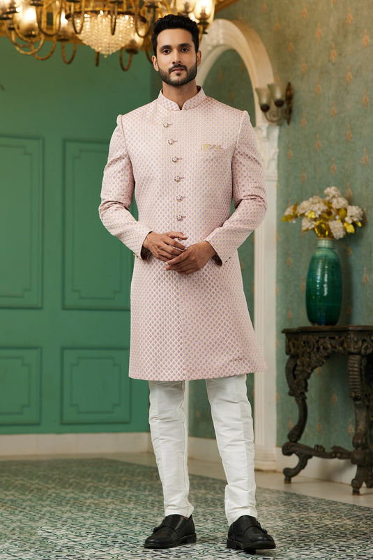 Wedding Wear Pink Readymade Glamorous Indo Western For Men In Jacquard Silk Fabric