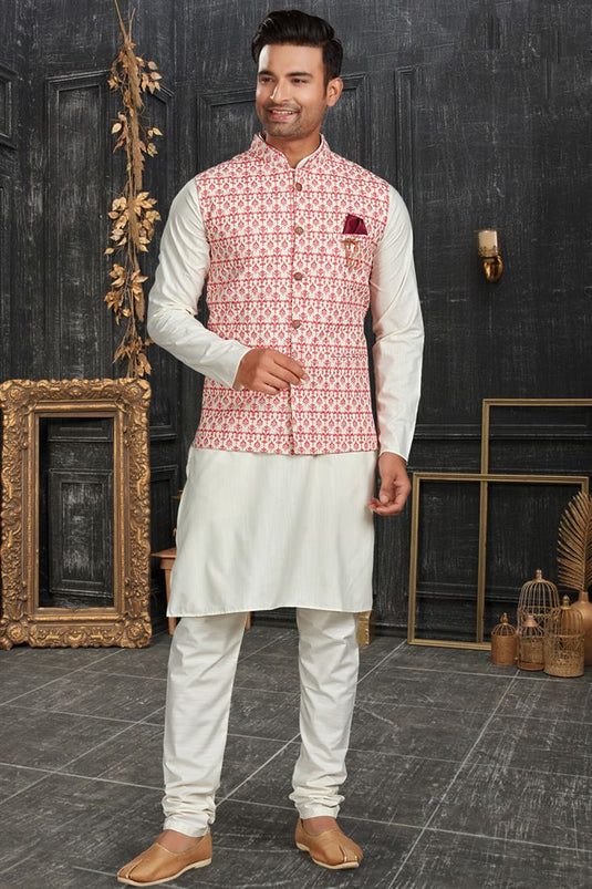 Cotton Fabric Kurta Pyjama With Jacket In Artistic Off White Color