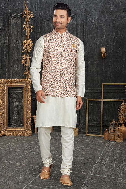 Intriguing Off White Color Kurta Pyjama With Jacket In Cotton Fabric