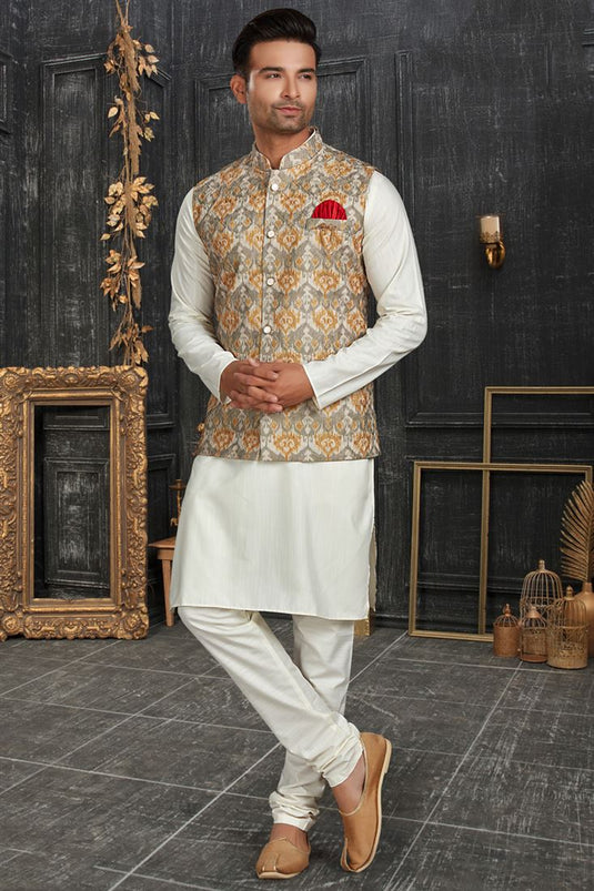 Off White Color Cotton Fabric Royal Kurta Pyjama With Jacket