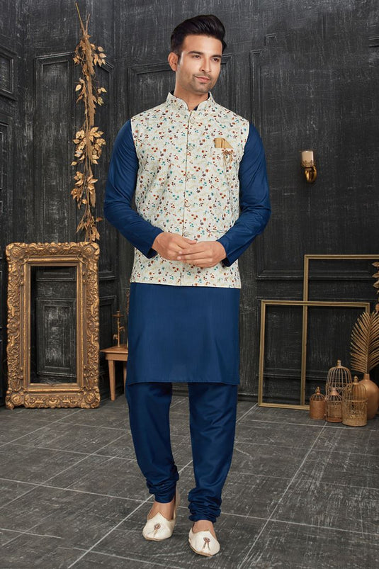 Engaging Blue Color Cotton Fabric Kurta Pyjama With Jacket