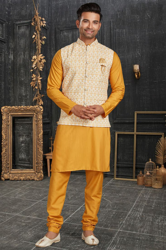 Mesmeric Mustard Color Cotton Fabric Kurta Pyjama With Jacket