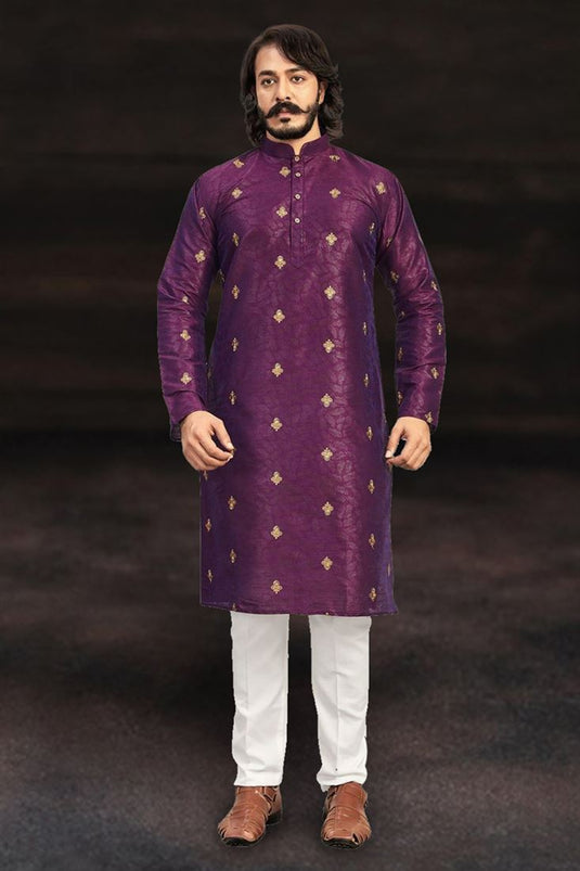 Purple Color Art Silk Fabric Wedding Wear Readymade Kurta Pyjama For Men