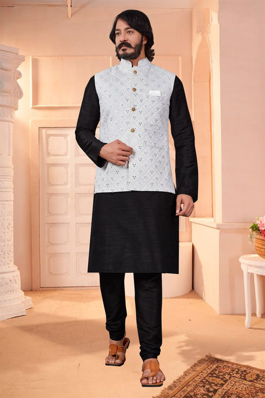 Fetching Black Color Art Silk Fabric Wedding Wear Readymade Kurta Pyjama With Designer Jacket