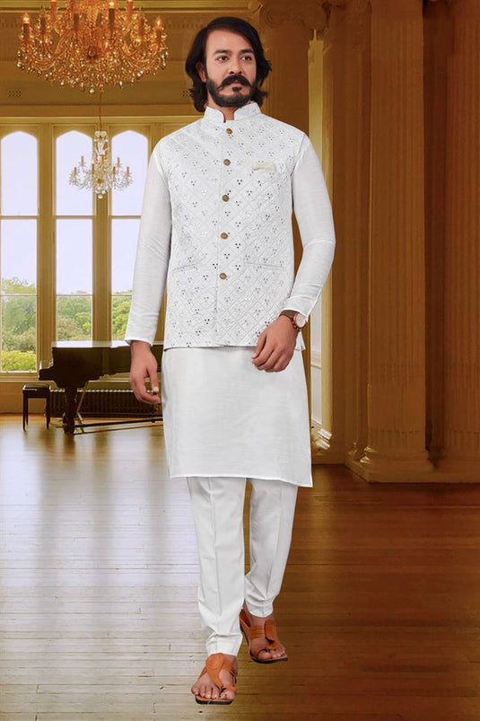 Attractive White Color Art Silk Fabric Function Wear Readymade Kurta Pyjama With Trendy Jacket