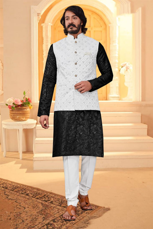 Splendiferous Black Color Art Silk Fabric Sangeet Wear Readymade Kurta Pyjama With Fancy Jacket