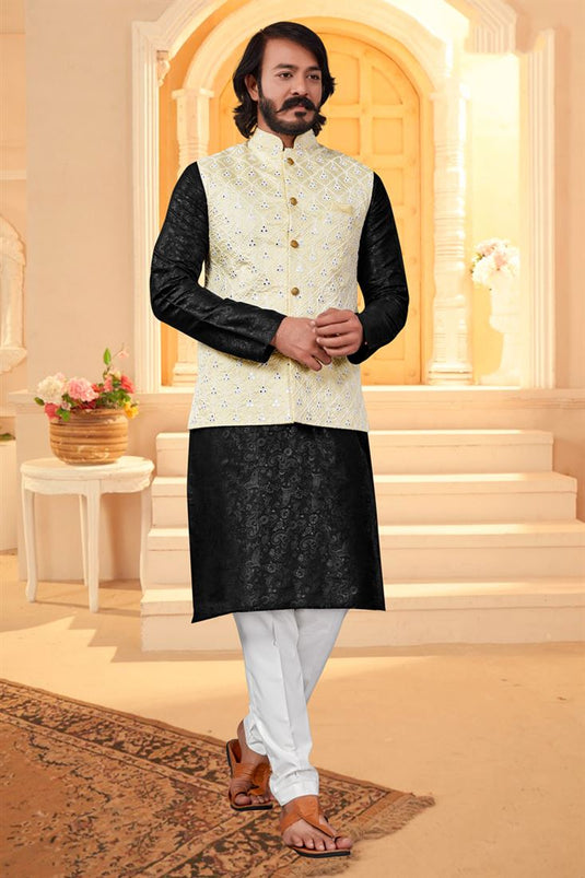 Majestic Black Color Art Silk Fabric Wedding Wear Readymade Kurta Pyjama With Stylish Jacket