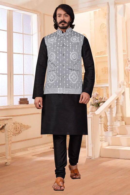 Glamorous Black Color Art Silk Fabric Festive Wear Readymade Kurta Pyjama With Stylish Jacket