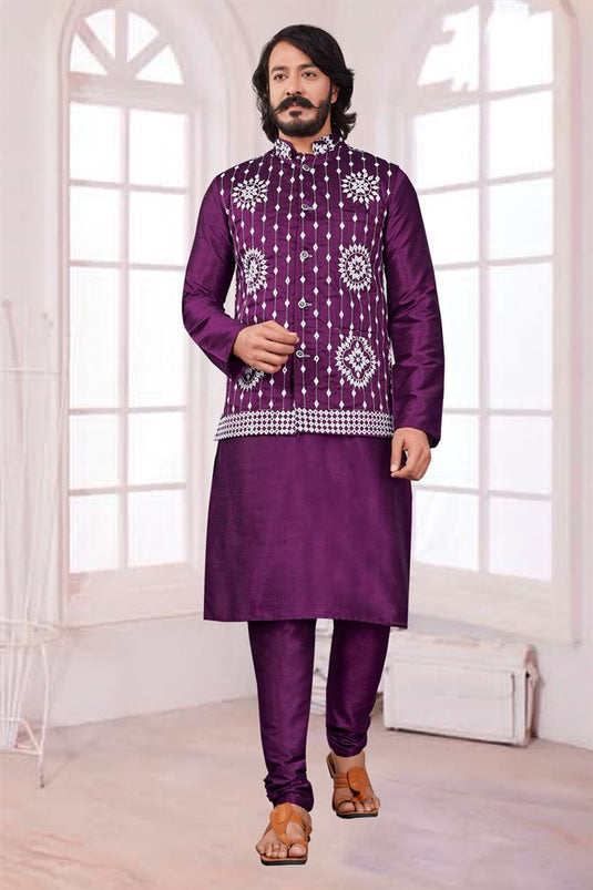 Appealing Purple Color Art Silk Fabric Festive Wear Readymade Kurta Pyjama With Trendy Jacket