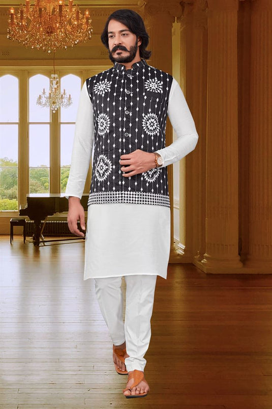 Captivating White Color Art Silk Fabric Wedding Wear Readymade Kurta Pyjama With Fancy Jacket