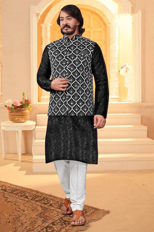 Fetching Black Color Art Silk Fabric Function Wear Readymade Kurta Pyjama With Fancy Jacket