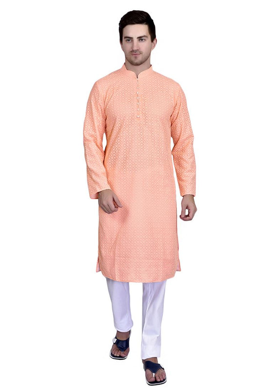 Georgette Fabric Peach Color Festive Wear Readymade Men Stylish Kurta Pyjama