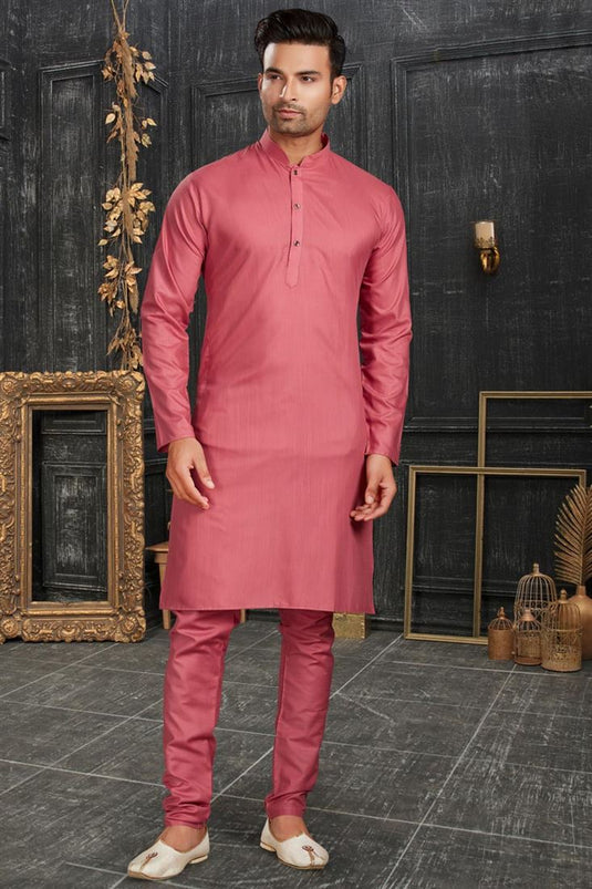 Cotton Fabric Pink Color Festive Wear Trendy Readymade Men Kurta Pyjama