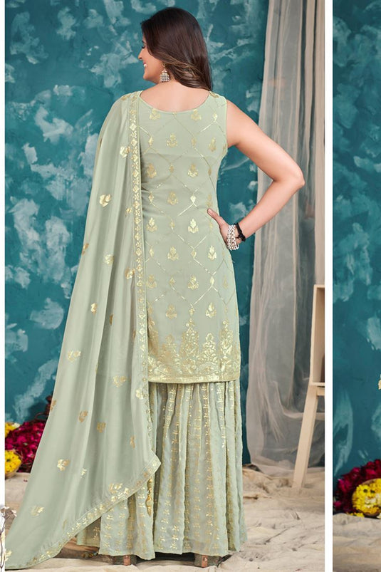 Komal Vora Incredible Georgette Sea Green Color Sharara Suit