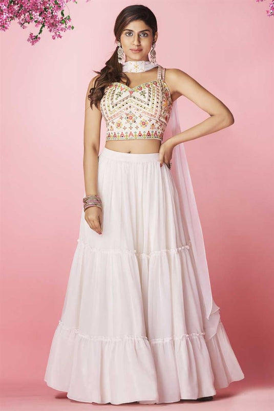 Sangeet Wear Off White Color Chiffon Fabric Precious Lehenga With Embroidered Work