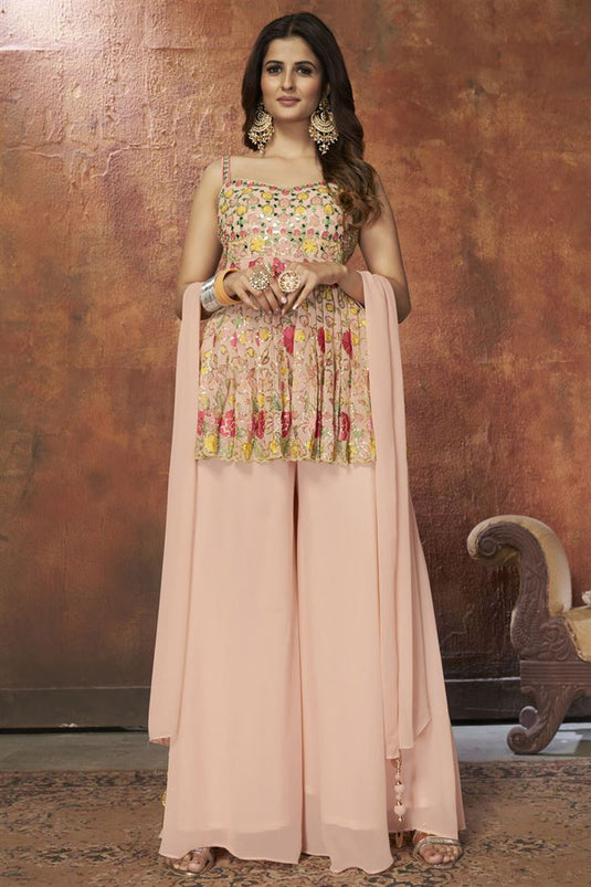 Function Wear Sequins Work Peach Color Georgette Palazzo Suit