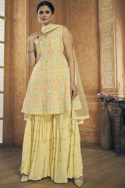 Georgette Fabric Yellow Color Function Wear Embroidered Work Palazzo Suit