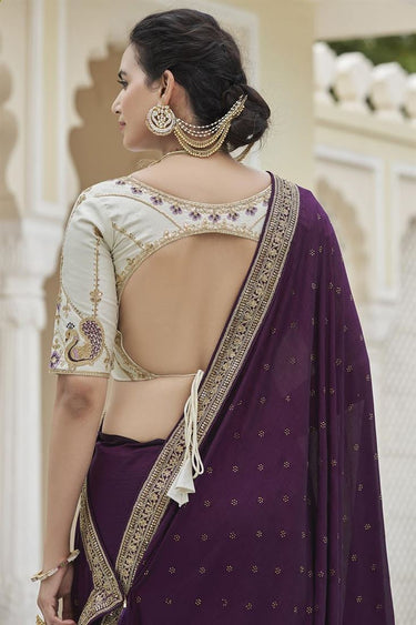 Border Work On Purple Color Beatific Fancy Fabric Saree