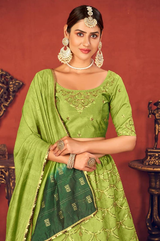 Green Color Wedding Wear Art Silk Fabric Embroidered Lehenga Choli