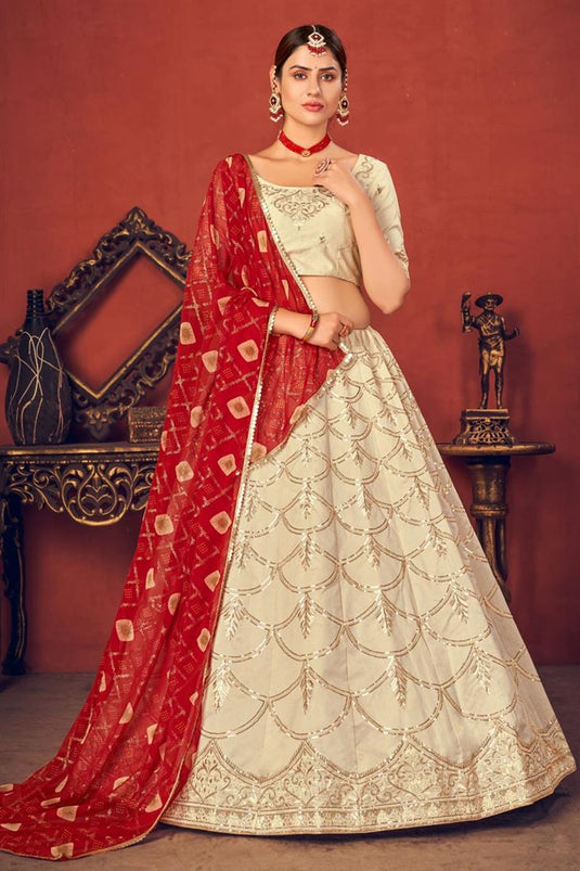 Beige Color Art Silk Fabric Fancy Embroidered Wedding Wear Lehenga Choli