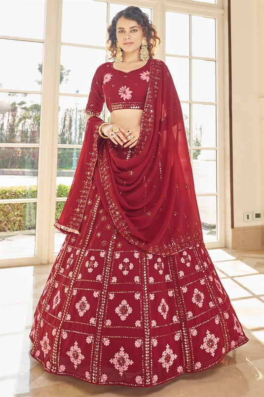 Red Color Sangeet Wear Georgette Fabric Alluring Lehenga