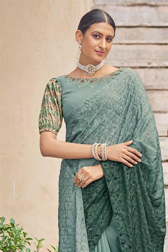 Green Color Sequins Work Blazing Saree In Chinon Fabric