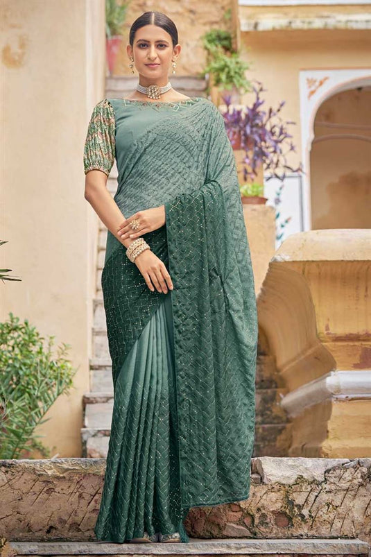 Green Color Sequins Work Blazing Saree In Chinon Fabric