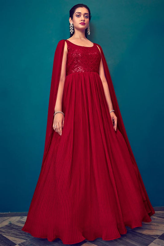 Red Color Enticing Georgette Readymade Gown With Dupatta