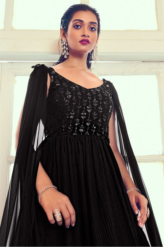 Black Color Amazing Style Georgette Readymade Gown With Dupatta