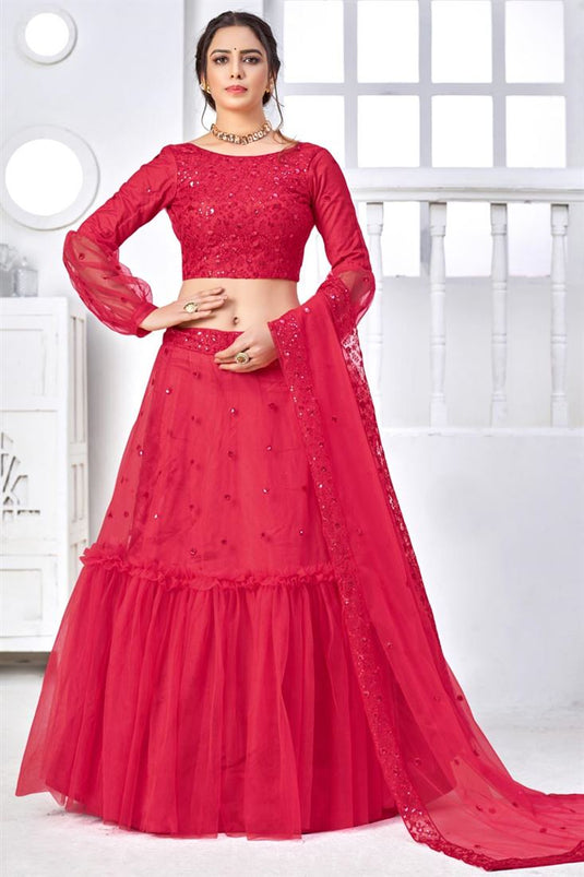 Net Red Color Stunning Embroidered Wedding Lehenga Choli