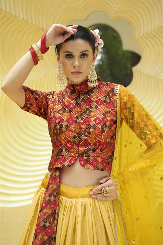 Miraculous Yellow Color Chinon Fabric Readymade Lehenga