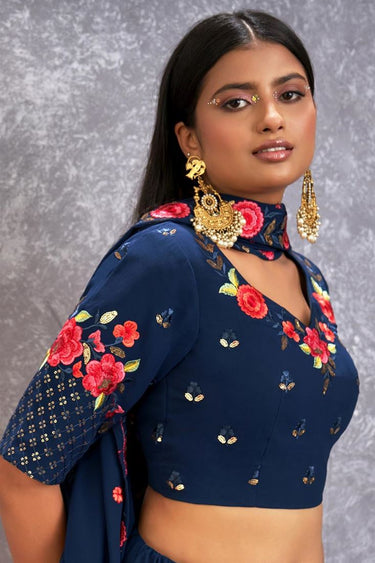Georgette Fabric Navy Blue Color Floral Embroidered Fantastic Lehenga