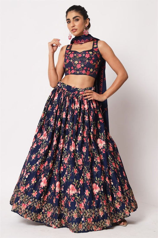 Dazzling Navy Blue Color Printed Lehenga In Art Silk Fabric