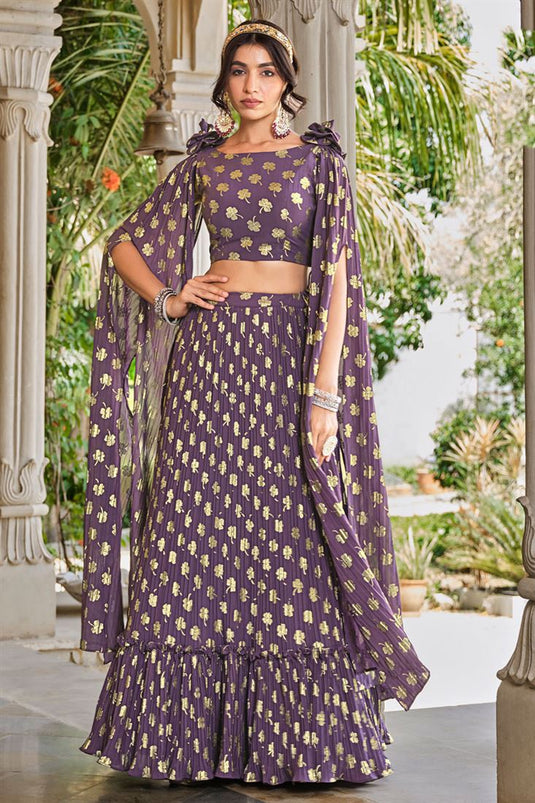 Elegant Georgette Foil Printed Lavender Color Lehenga For Functions