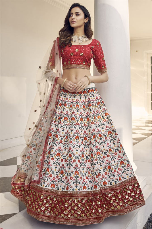 Sangeet Wear Off White Color Embroidered Work Lehenga In Art Silk Fabric