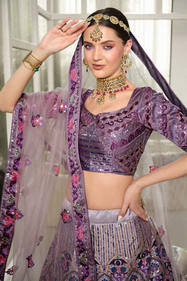 Purple Color Silk Fabric Precious Embroidered Wedding Wear Lehenga