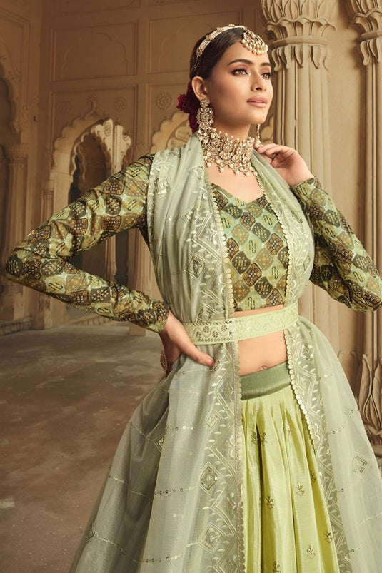 Art Silk Fabric Mehendi Green Color Lehenga With Intricate Sequins Work