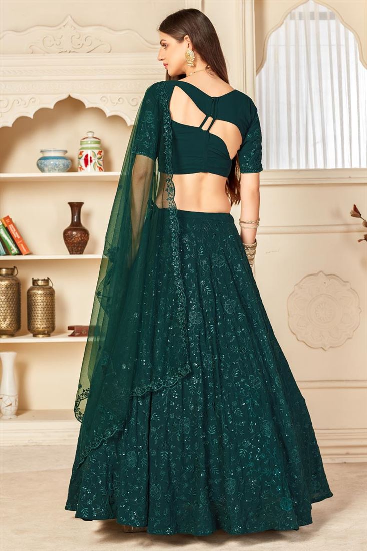 Georgette Fabric Wedding Wear Dark Green Color Embroidered Lehenga Choli