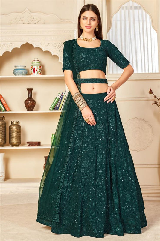 Georgette Fabric Wedding Wear Dark Green Color Embroidered Lehenga Choli