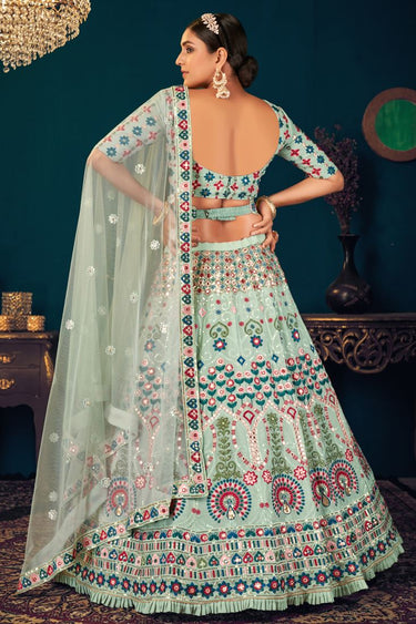Gorgeous Sea Green Embroidered Sangeet Wear Lehenga Choli In Georgette Fabric