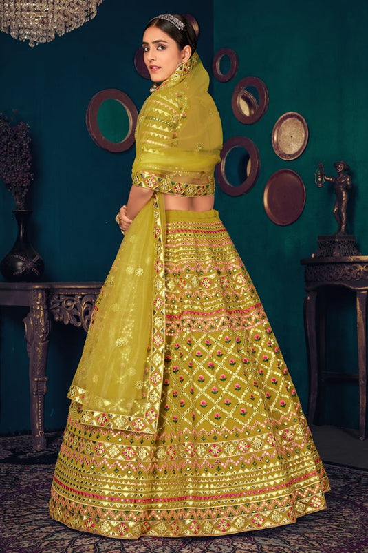 Wedding Wear Green Color Embroidered Lehenga Choli In Georgette Fabric